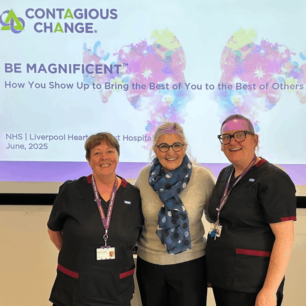 Photo of Dianne Rogers from Contagious Change with two Liverpool Heart and Chest NHS Foundation Trust staff at a training session to help trust leaders harness the strengths and magnificence of people, to achieve higher levels of organisational performance and individual engagement.