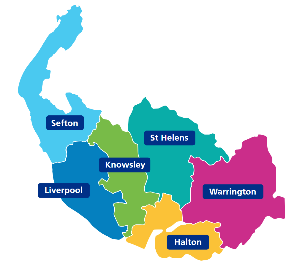 A colorful map highlighting seven local authority areas in the Liverpool City Region: Liverpool, Sefton, Knowsley, St Helens, Halton, and Warrington. Each area is color-coded and labeled for clear identification.