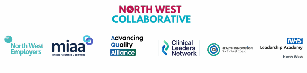 An image titled 'NORTH WEST COLLABORATIVE' displaying six organizational logos from left to right: North West Employers – A circular logo with 'NW' inside, accompanied by the text 'North West Employers'. miaa – Features the text 'miaa Trusted Assurance & Solutions' with an interlocking blue and green square design. Advancing Quality Alliance – Displays the text 'Advancing Quality Alliance' with a blue rectangle highlighting the word 'Alliance'. Clinical Leaders Network – Shows the text 'Clinical Leaders Network' alongside a stylized blue and green ribbon design. Health Innovation North West Coast – A circular logo with concentric blue and green rings next to the text 'HEALTH INNOVATION North West Coast'. NHS Leadership Academy North West – The NHS logo in a blue rectangle followed by the text 'Leadership Academy North West'