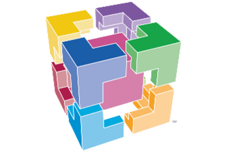 The Healthcare Leadership Model cube graphic comprised of a pink central cube surrounded by 8 irregular tetradecahedrons.