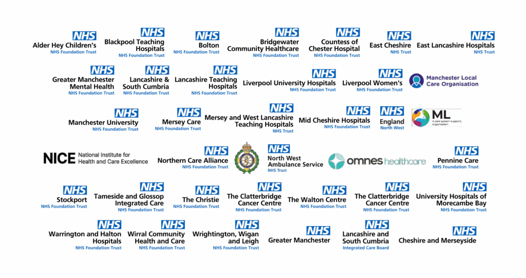 A collage of logos from NHS North West Leadership Academy member organisations. Each logo features the NHS branding alongside the name of the respective trust or organization, including children's hospitals, mental health services, ambulance services, and integrated care boards.
