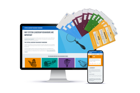 Graphic showing System Leadership Behaviours-Framework website and cards.