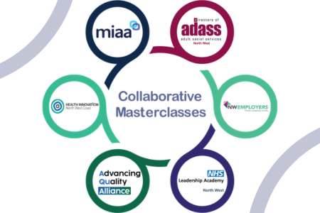 'Collaborative Masterclasses' logo made up of all six partner organisations, which are NHS North West Leadership Academy, North West Employers, Advancing Quality Alliance, Mersey Internal Audit Agency, North West Association of Directors of Adult Social Care Services, and Health Innovation North West Coast