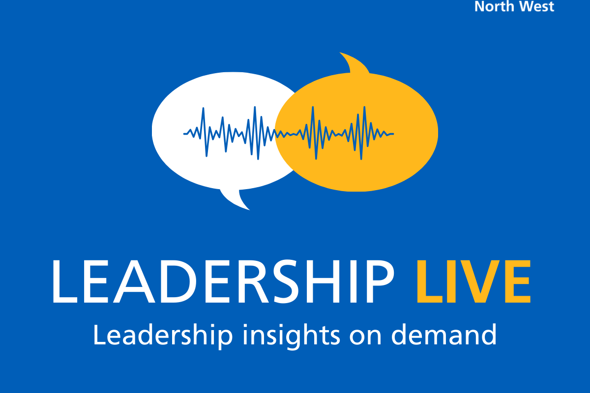 Leadership Live blue, white and yellow. Text reads: Leadership Live Leadership insights on demand.