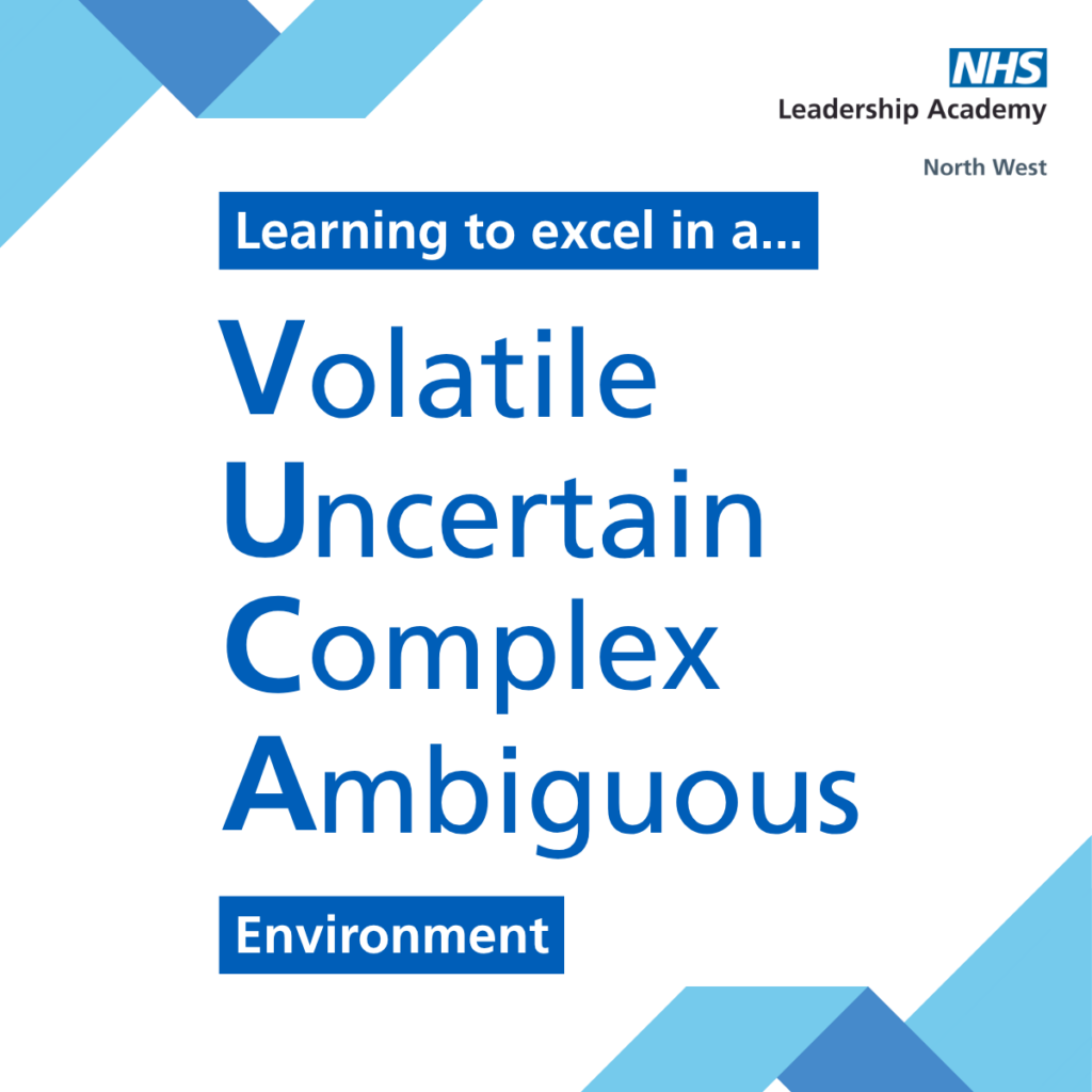 White and blue graphic that reads: Leadership for the future: Learning to excel in a Volatile Uncertain Complex Ambiguous environment.